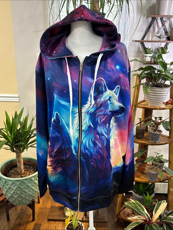 Tops - 🦒Woman’s Galaxy Wolf Zip Hoodie Vibrant Blue & Purple size 2X